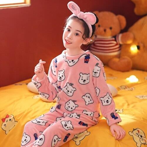 2pc/Sets Girls Clothes Kids Pyjama Sets Teens Boys Flannel Nightwear 2021 Winter Warm Toddler Childrens Bear Printed Sleepwear