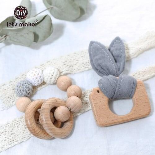 Lets Make 2pcs Wooden Teether Beads Silicone Teething Beads DIY Baby Toys Bracelet Set Baby Teether Rattle Toy Beech Wooden Kit