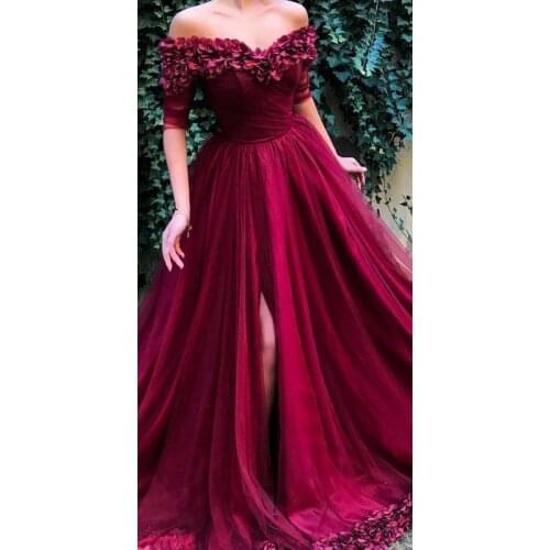 2020 3D Flower Off Shoulder Prom Dresses Long Half Sleeves A Line High Split Tulle Formal Evening Party Gowns Women