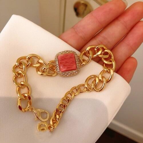 2021 spring and summer new pink square set rhinestone earrings thick chain bracelet for women