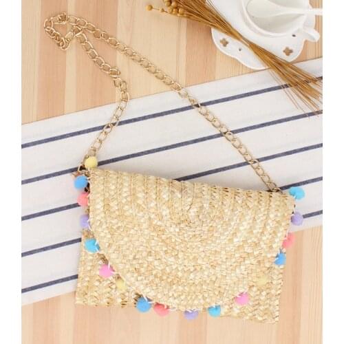 25x16CM New Fur Ball Crossbody Straw Bag Cute Chain Woven Bag Beach Bag Casual Women a7143