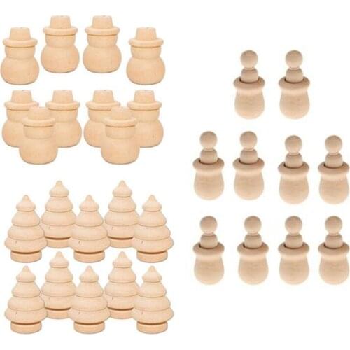 30Pcs Handmade Plain Natural Wood People Peg Dolls Christmas Snowman Tree Wedding Party Cake Toppers DIY Crafts Toy
