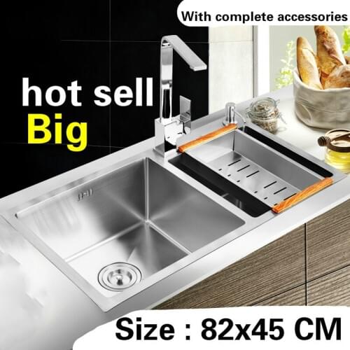 Free shipping Household Kitchen sink durable manual thick stainless steel vogue double groove big hot sell 82x45 CM
