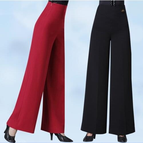 2020 Adult Female Latin Dance Performance Trousers Women Black Red Ballroom Dance Practice Wide Leg Straight Long Pants DQS4661