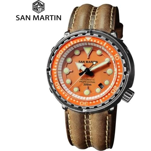 San Martin Mens Retro Black Armor Tuna Diver Watch Stainless Steel Sapphire NH35 Automatic Movement Luminous 20Bar Leather Band