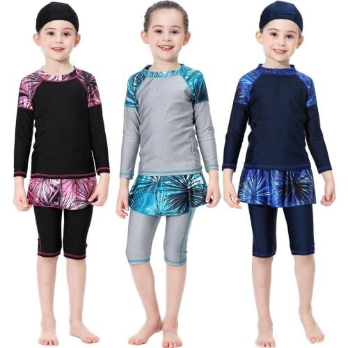 2021 Girls Muslim Swimwears Kids 3PCS Long Swimsuits Islamic Traditional Children Arab Islam Beach Wear Sport Swim Suits Burkini