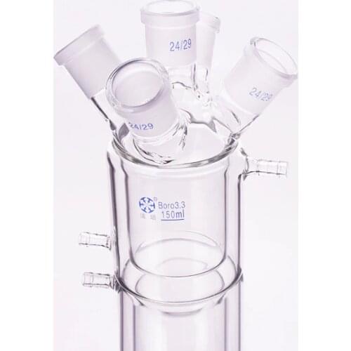 Double-deck cylindrical Five-necked flat bottom flask,Capacity 150ml,Joint 24/29,Mezzanine jacketed reactor bottle