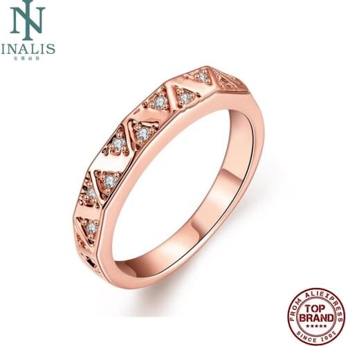INALIS Rings For Women Rose Gold Plated Inlay Geometric Cubic Zirconia Rings Simple Romantic Engagement Wedding Fashion Jewelry