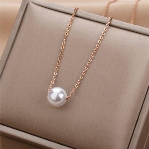 Korean Style Simple Link Chain Pearl Pendant Necklace For Women Fashion Rose Gold Stainless Steel Clavicle Chain Jewelry Female