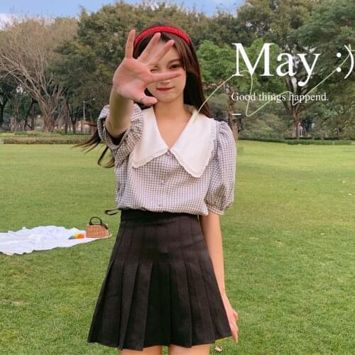 Doll Collar Shirt Summer 2020 New Korean Fashion Fresh Pleated Loose Wild Plaid Bubble Short Sleeve Shirt WomenS Clothing