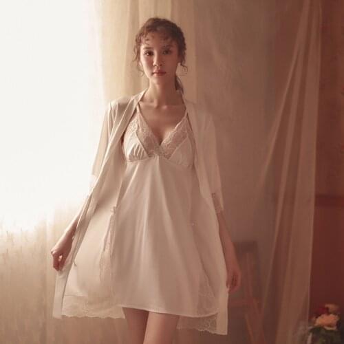 Fashion Womens Bathrobe suit Lace nightdress night-robe Sexy lingerie seduction home clothing (robe+braces skirt+T-Underpants)