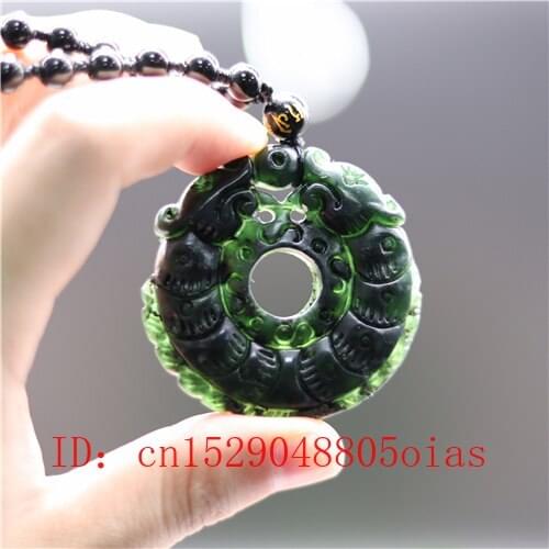 Natural Black Green Jade Dragon Pendant Beads Necklace Obsidian Charm Jewelry Double-sided Hollow Carved Amulet Gifts for Women