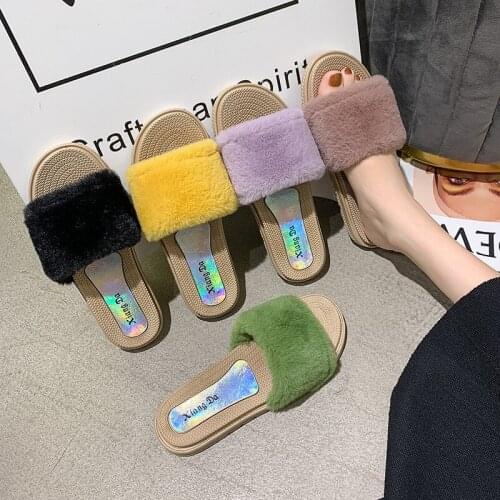 2021 Summer New Fashion Hairy Slippers Female Trend Wild Pure Color Indoor Sandals Outdoor Non-slip Beach Shoes