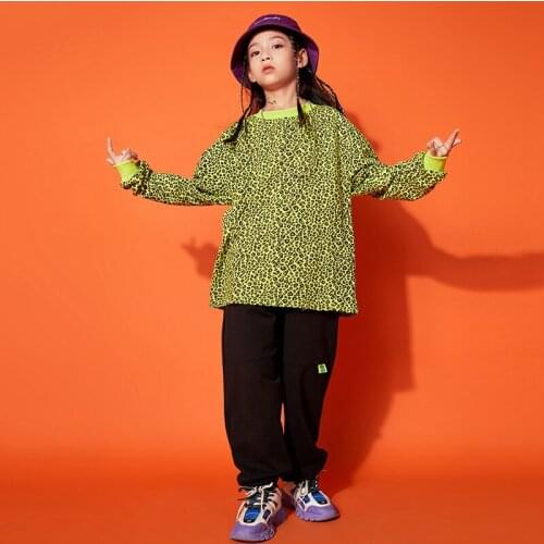 New Street Dance Costume Kids Hip Hop Clothing Green Leopard Sweatshirt Black Hip Hop Pants For Girls Jazz Dancing Wear DNV14403