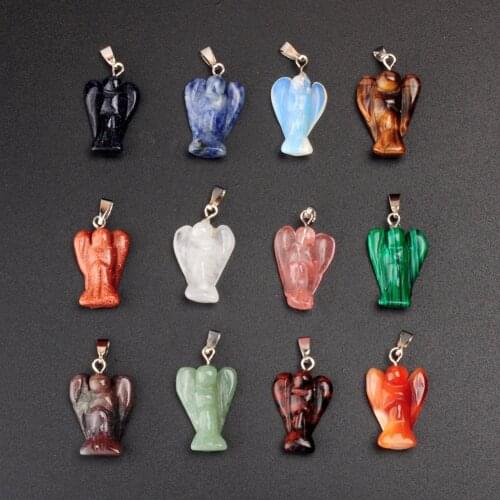 Wholesale 24Pcs Mixed Stone 20*15mm Natural Carved Roses Quartz Opal Pocket Guardian Angel Jewelry Charms Finding Pendants Free