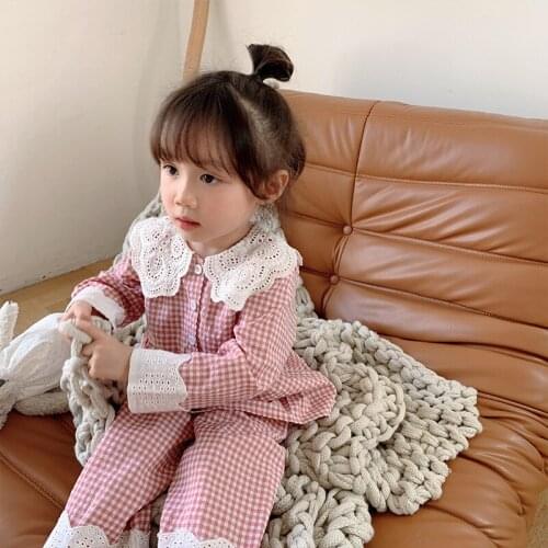 Girls' Pajamas Suit 2021 Autumn New Sweet Cute Lace Plaid Long Sleeve Trousers Childrens Comfortable Home Clothes Two Piece Set
