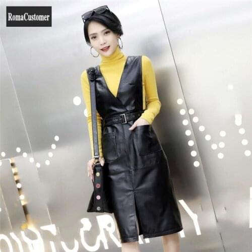 Elegant Dress Womens 2021 Autumn New Sheepskin Black Slim Solid Korean Genuine Leather Office Lady Fashion Casual Strap Dress