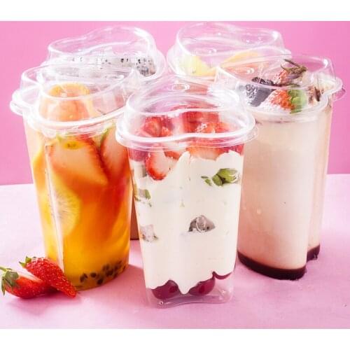 50pcs Creative heart shaped cold drink juice plastic cups disposable cups party birthday wedding favor beverage cups with lid
