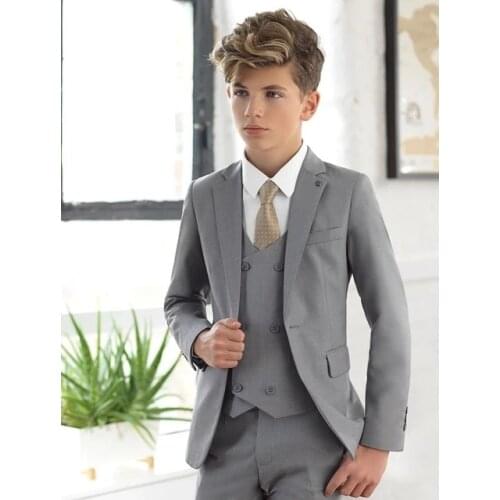 Light Gray Notch Lapel Boys Suits 3 Piece Wedding Set Formal Prom Suits Jacket Pants Vest 2021