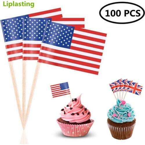 Dropship 100pcs US UK National Flags Birthday Cake Cupcake Topper Decorative Fruit Toothpick Tool For Festival Thanksgiving Day