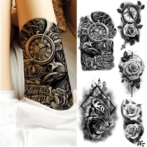 Compass Rose Flower Temporary Tattoos For Women Adult Thigh Geometric Tiger Fake Tattoo Waterproof Body Art Painting Tatoo Decal