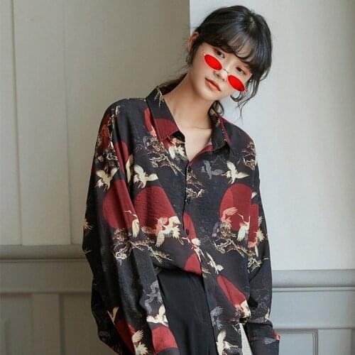 Animal Print Shirts For Women Loose Long Sleeve Button Up Black Shirt Japanese Streetwear 2021 Fashion Women Vintage Tops