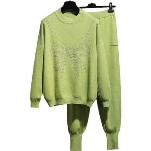 Fashion Diamond Tracksuit Women Knitted Outfits 2pc 5 Color Sweater Pencil Pants Two Piece Set Female Loose Knit Suit Streetwear