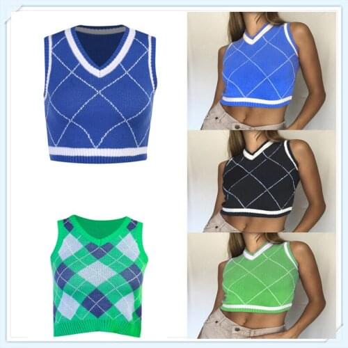 Femme Muyogrt V Neck Vintage Argyle Sweater Vest Women Black Sleeveless Plaid Knitted Crop Sweaters Casual Autumn Preppy Style
