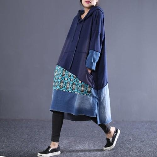 New--2019 female new spring plus size dress literary casual retro knit denim stitching long loose shirt