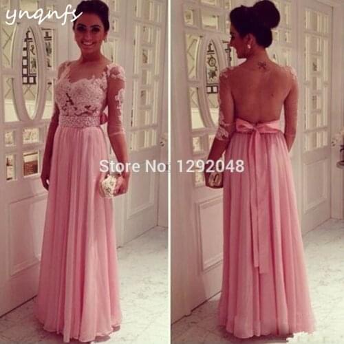 YNQNFS P19 Sexy Bare Back Crystal Beaded Long Bow Belt Vestido Longo Festa Lace Appliques Chiffon Pink Prom Dresses Long 2019