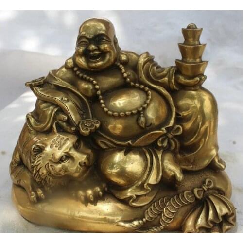 10" China Brass Wealth Happy Laugh Maitreya Buddha Tiger Ru Yi Statue Sculpture
