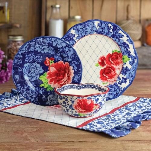 11/8in Blue And Red Flowers Creative Dish Ceramic Dish Plate Hanging Wall Hanging Western Dessert Dish Bakeware Decorative Plate