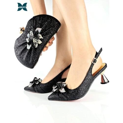 2021 New Arrival Italian Design African Fashon Special Flower Style Decoration Party Ladies Shoes and Bag Set in Black Color