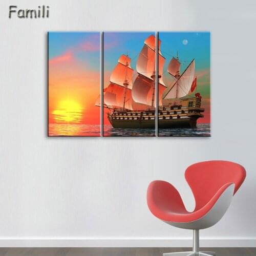 3pcs Wall Art Painting Fantasy Ship Sail Boat In Lake Sunset Prints On Canvas Oil For Home Modern Decoration Print Painting