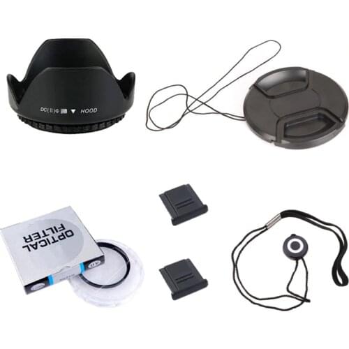 6 in1 49 52 55 58 62 67 72 77 82 mm lens UV filter + center pinch Snap-on cap cover + lens cap line + lens hood + 2 hot shoe