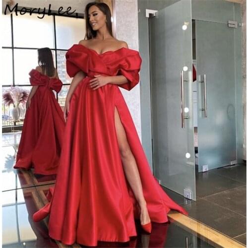 Prom Dresses Red Off The Shoulder Side Slit High Quality Satin Pleated Prom Dresses Zipper Back vestidos de fiesta de noche