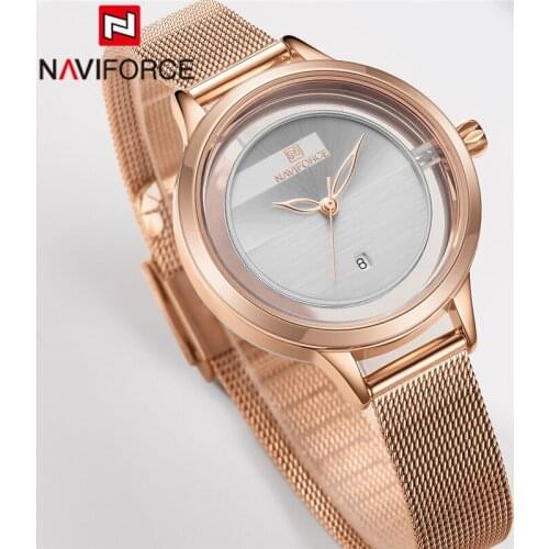 NAVIFORCE Women Watch Top Brand Luxury Rose Gold White Ladies Wristwatch Mesh Stainless Steel Bracelet Date Female Clock 5014