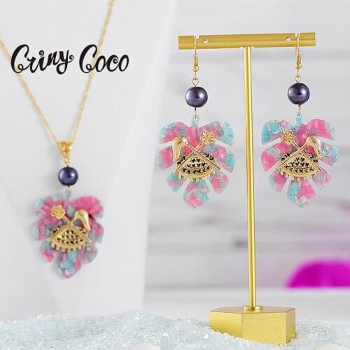 Cring Coco Polynesian Monstera Jewelry Sets Fashion Hawaiian Pink Acrylic Leaf Drop Earrings Wholesale Necklaces Set for Woman