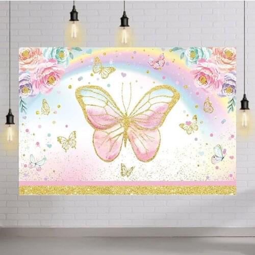 Pink Flower Butterfly Party Backdrop for Girl Princess Fairy Floral Spring Garden Tea Party Baby Shower 1st Birthday Decorations