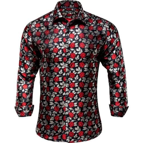 Hi-Tie Silver Red Floral Silk Mens Shirt New Arrival Slim Fit Male Shirt Long Sleeve British Style Mens Shirt Office Daily Party