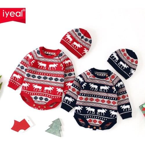 IYEAL Baby Knitting Bodysuits With Hat Christmas Overalls Newborn Baby Girls Boys Clothes Toddler Infant Long Sleeve Jumpsuit