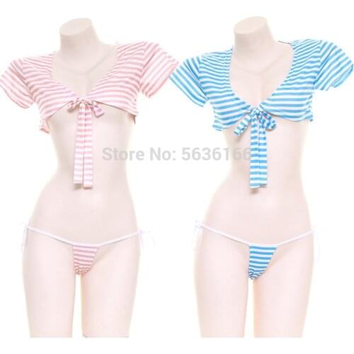 Kawaii cosplay Set Womens Swimming Suit Sexy Swimsuit Pink Blue Swimwear Striped Swimsuit Erotic Beachwear Bathing Outfit