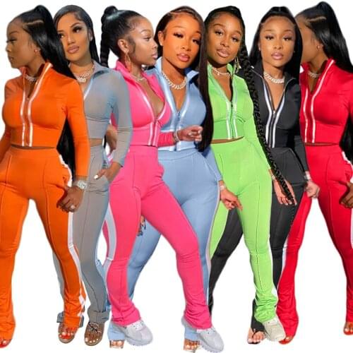 Striped Splicing Two Piece Set Women Casual Matching Set Sweatshirts Tops High Waist Jogger Pant Lounge Wear Sport Tracksuit