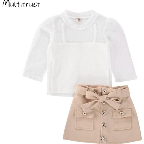 Little Girl 3 PCS Outfit Set Solid Color Dot Pattern Long Sleeve Mock Neck Loose Sling Top +Short Button-Down Skirt Set