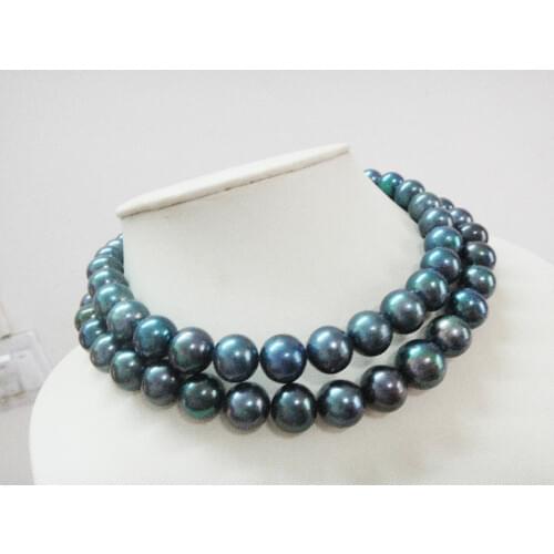 11-12MM NATURAL SOUTH SEA GENUINE BLACK PEACOCK BLUE ROUND PEARL NECKLACE 32"