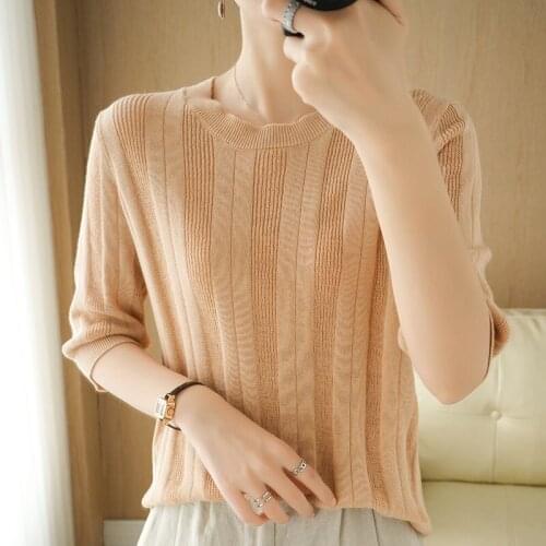Summer new style 100% cotton knitted loose half-sleeved round neck T-shirt for ladies all-match five-point sleeve short pullover