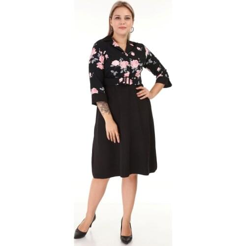 Lir Women Large Size Arched Three Quarter Sleeve Office Dress Black 1630