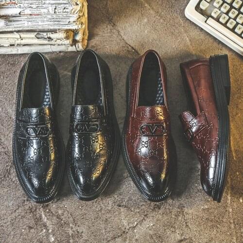 Mens Handmade PU Brown Pattern Metal Buckle Formal Loafer Shoes Retro Classic Fashion All-match Business Casual