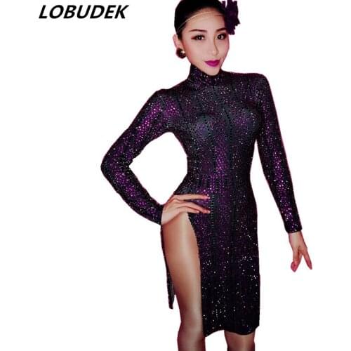 Black purple Rhinestones Dress Occident Bar Women DJ Singer Stage Outfit Star Birthday Party Costume sexy kick pleat dress