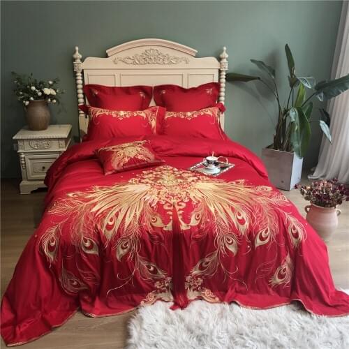 Luxury Red 100S Egyptian cotton Embroidered Bedding sets Queen King Wedding Duvet cover Bed sheet set Pillowcases 4/6pc Phoenix